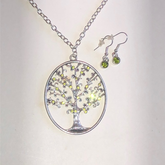 Jewelry - Silver Tone Tree of Life Necklace and Green CZ Earrings
